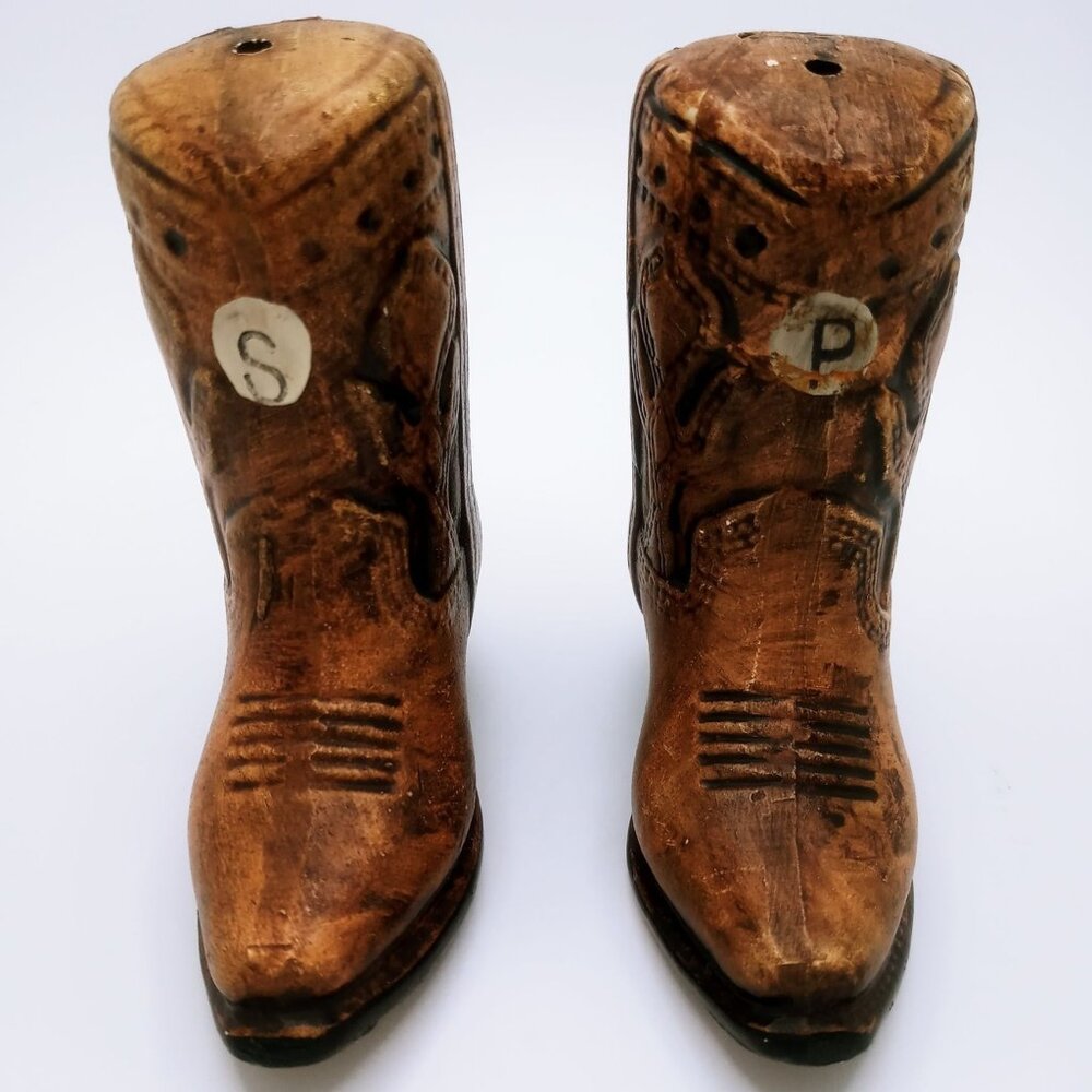 Salt & Pepper Shakers Set Ceramic Anthropomorphic Brown Cowboy Boots Vintage Set